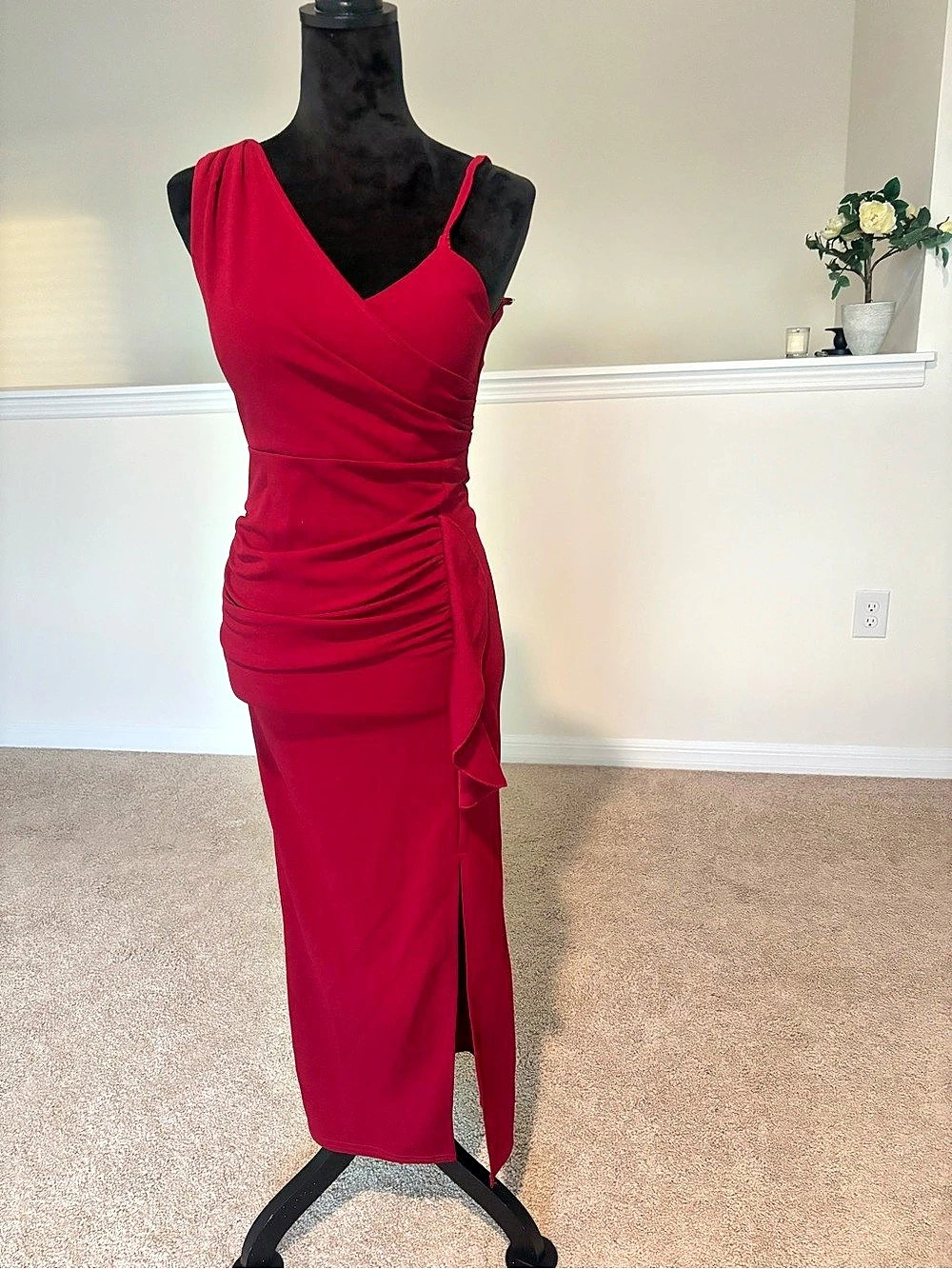 Banana Republic Factory Asymmetrical Side-Ruched Midi Dress Red Small